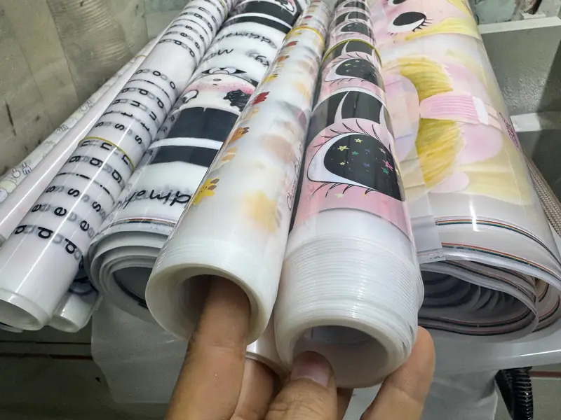 Các cuộn màng PET đã in hình nhân vật hoạt hình và chữ, vừa lấy ra từ máy
